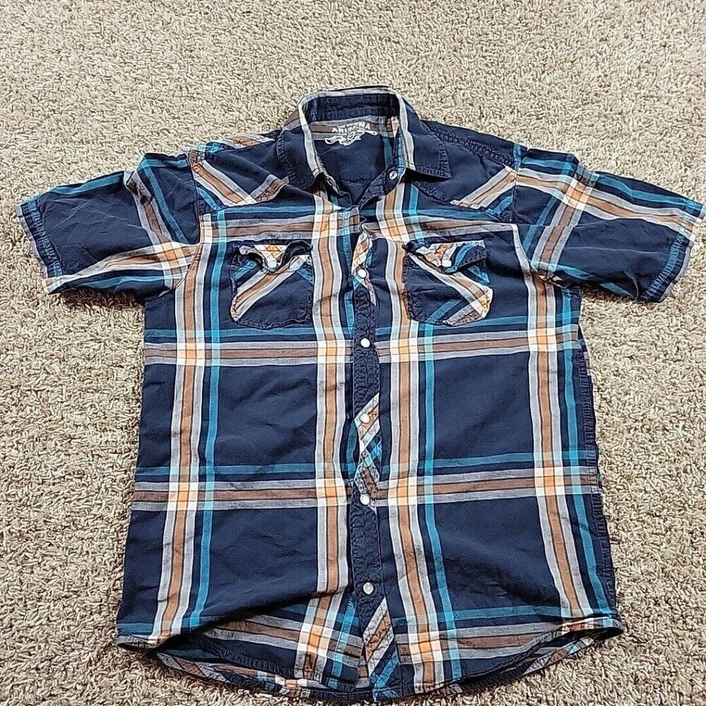 Arizona Jeans Pearl Snap Plaid Shirt Youth XL Short Sleeve Western Cowboy